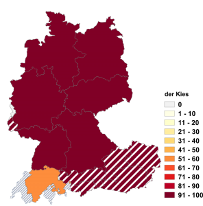 Relative Auftretenshäufigkeit von der Kies innerhalb der einzelnen Areale im Verhältnis zu das Kies (in %)
