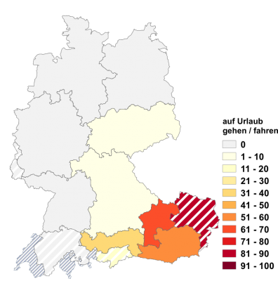 Relative Auftretenshäufigkeit von auf Urlaub gehen / fahren innerhalb der einzelnen Areale im Verhältnis zu in Urlaub gehen / fahren und in den Urlaub gehen / fahren (in %)