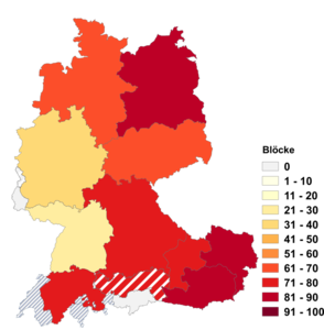 Relative Auftretenshäufigkeit von Blöcke innerhalb der einzelnen Areale im Verhältnis zu Blocks (in %)