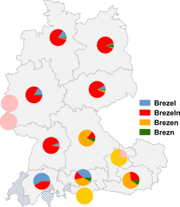 Relative Auftretenshäufigkeit von Brezel / Brezeln / Brezen und Brezn innerhalb der einzelnen Areale
