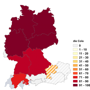 Relative Auftretenshäufigkeit von die Cola innerhalb der einzelnen Areale im Verhältnis zu das Cola (in %)