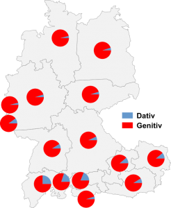 Relative Auftretenshäufigkeit von Dativ / Genitiv bei bezüglich, dank, entlang, inklusive, mittels, statt, trotz, während und wegen innerhalb der einzelnen Areale