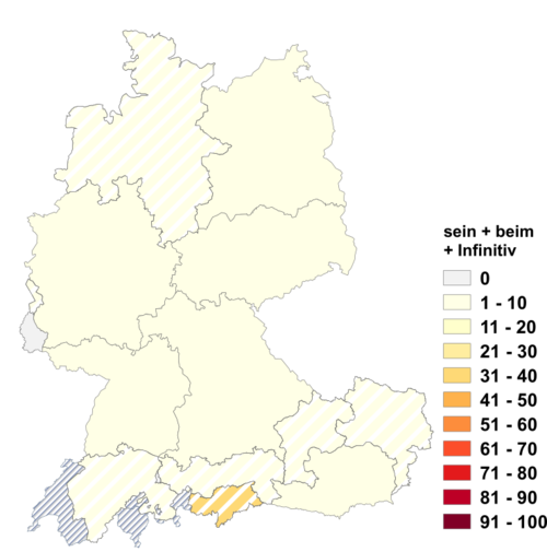 Relative Auftretenshäufigkeit von sein + beim + Infinitiv innerhalb der einzelnen Areale im Verhältnis zum Gesamtvorkommen in allen Arealen (in %)