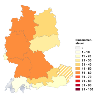 Relative Auftretenshäufigkeit von Einkommensteuer innerhalb der einzelnen Areale im Verhältnis zu Einkommenssteuer (in %)
