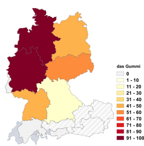 Relative Auftretenshäufigkeit von das Gummi innerhalb der einzelnen Areale im Verhältnis zu der Gummi (in %)