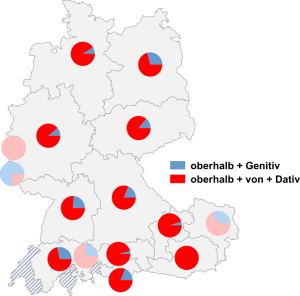 Relative Auftretenshäufigkeit von oberhalb + Genitiv / oberhalb + von + Dativ innerhalb der einzelnen Areale