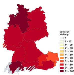 Relative Auftretenshäufigkeit von Verbletztstellung innerhalb der einzelnen Areale im Verhältnis zu Verbzweitstellung (in %)