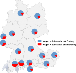 Relative Auftretenshäufigkeit von wegen + Substantiv mit Endung -(e)s / wegen + Substantiv ohne Endung -(e)s innerhalb der einzelnen Areale