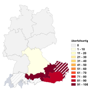 Relative Auftretenshäufigkeit von überfallsartig innerhalb der einzelnen Areale im Verhältnis zu überfallartig (in %)