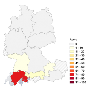 Relative Auftretenshäufigkeit von Apéro innerhalb der einzelnen Areale im Verhältnis zu Aperitif (in %)