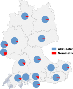 Relative Auftretenshäufigkeit von darstellen mit Akkusativobjekt / prädikativem Nominativ innerhalb der einzelnen Areale