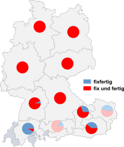 Relative Auftretenshäufigkeit von fixfertig / fix und fertig innerhalb der einzelnen Areale
