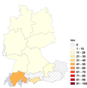Relative Auftretenshäufigkeit von Hirt innerhalb der einzelnen Areale im Verhältnis zu Hirte (in %)