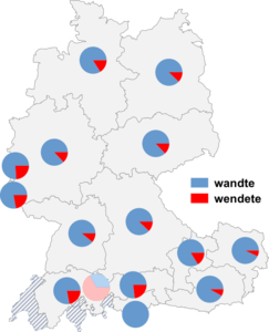 Relative Auftretenshäufigkeit von wandte / wendete innerhalb der einzelnen Areale