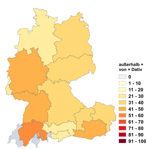 Relative Auftretenshäufigkeit von außerhalb + von + Dativ innerhalb der einzelnen Areale im Verhältnis zu außerhalb + Genitiv (in %)