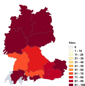 Relative Auftretenshäufigkeit von Käse- innerhalb der einzelnen Areale im Verhältnis zu Käs- (in %)
