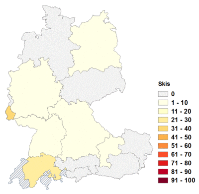 Relative Auftretenshäufigkeit von Skis innerhalb der einzelnen Areale im Verhältnis zu Ski und Skier (in %)