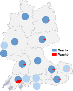 Relative Auftretenshäufigkeit von Wach- / Wacht- innerhalb der einzelnen Areale