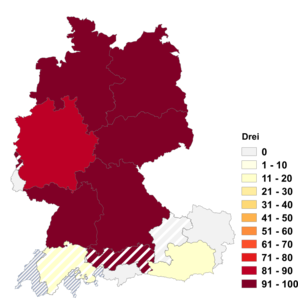 Relative Auftretenshäufigkeit von Drei innerhalb der einzelnen Areale im Verhältnis zu Dreier (in %)