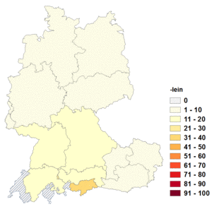 Relative Auftretenshäufigkeit von -lein innerhalb der einzelnen Areale im Verhältnis zu -chen, -erl, -le und -li (in %)