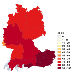 Relative Auftretenshäufigkeit von so ein innerhalb der einzelnen Areale im Verhältnis zu solch ein (in %)