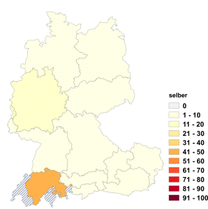 Relative Auftretenshäufigkeit von selber innerhalb der einzelnen Areale im Verhältnis zu selbst (in %)