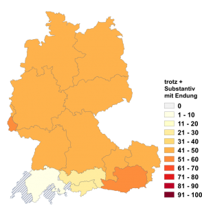 Relative Auftretenshäufigkeit von trotz + Substantiv mit Endung -(e)s innerhalb der einzelnen Areale im Verhältnis zu trotz + Substantiv ohne Endung -(e)s (in %)