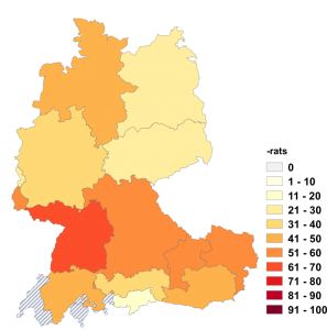 Relative Auftretenshäufigkeit von -rats innerhalb der einzelnen Areale im Verhältnis zu -rates (in %)