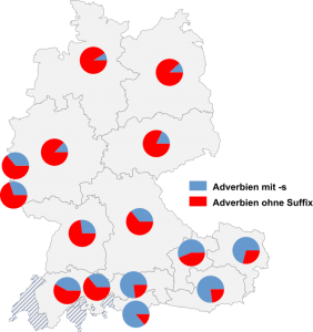 Relative Auftretenshäufigkeit von Adverbien mit -s / ohne Suffix innerhalb der einzelnen Areale