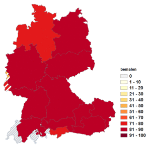 Relative Auftretenshäufigkeit von bemalen innerhalb der einzelnen Areale im Verhältnis zu anmalen (in %)