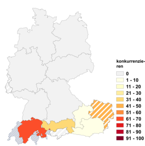Relative Auftretenshäufigkeit von konkurrenzieren innerhalb der einzelnen Areale im Verhältnis zu konkurrieren (in %)