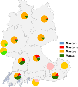 Relative Auftretenshäufigkeit von Masten / Mastens / Mastes und Masts innerhalb der einzelnen Areale