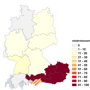 Relative Auftretenshäufigkeit von niederstossen innerhalb der einzelnen Areale im Verhältnis zu umstossen (in %)