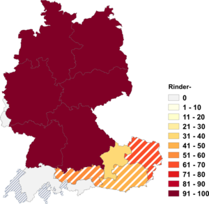Relative Auftretenshäufigkeit von Rinder- innerhalb der einzelnen Areale im Verhältnis zu Rinds- (in %)