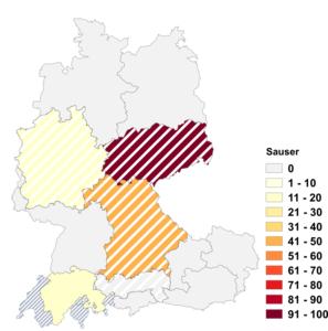 Relative Auftretenshäufigkeit von Sauser innerhalb der einzelnen Areale im Verhältnis zu Suser (in %)