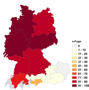 Relative Auftretenshäufigkeit von s-Fuge innerhalb der einzelnen Areale im Verhältnis zu i-Fuge (in %)