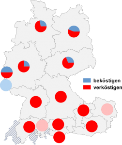 Relative Auftretenshäufigkeit von beköstigen / verköstigen innerhalb der einzelnen Areale