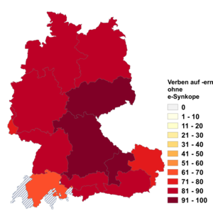 Relative Auftretenshäufigkeit von Verben auf -ern ohne e-Synkope innerhalb der einzelnen Areale im Verhältnis zu Verben auf -ern mit e-Synkope (in %)