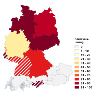 Relative Auftretenshäufigkeit von Karnevalsumzug innerhalb der einzelnen Areale im Verhältnis zu Karnevalszug (in %)