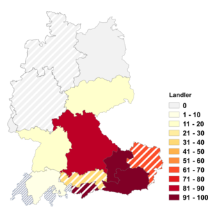Relative Auftretenshäufigkeit von Landler innerhalb der einzelnen Areale im Verhältnis zu Ländler (in %)