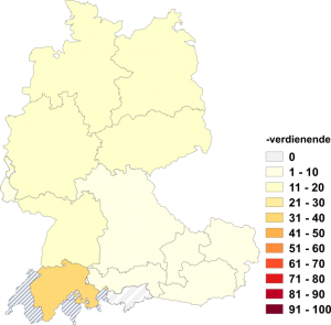 Relative Auftretenshäufigkeit von -verdienende innerhalb der einzelnen Areale im Verhältnis zu -verdiener (in %)