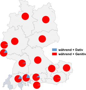 Relative Auftretenshäufigkeit von während + Dativ / während + Genitiv innerhalb der einzelnen Areale