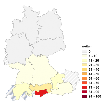 Relative Auftretenshäufigkeit von weitum innerhalb der einzelnen Areale im Verhältnis zu weitherum und weithin (in %)