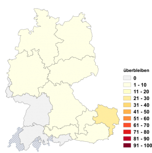 Relative Auftretenshäufigkeit von überbleiben innerhalb der einzelnen Areale im Verhältnis zu übrigbleiben (in %)