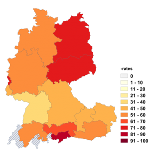Relative Auftretenshäufigkeit von -rates innerhalb der einzelnen Areale im Verhältnis zu -rats (in %)