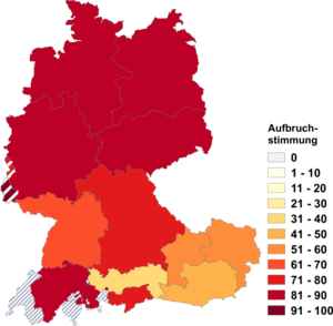 Relative Auftretenshäufigkeit von Aufbruchstimmung innerhalb der einzelnen Areale im Verhältnis zu Aufbruchsstimmung (in %)