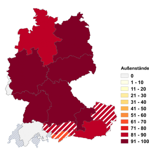 Relative Auftretenshäufigkeit von Außenstände innerhalb der einzelnen Areale im Verhältnis zu Ausstände (in %)
