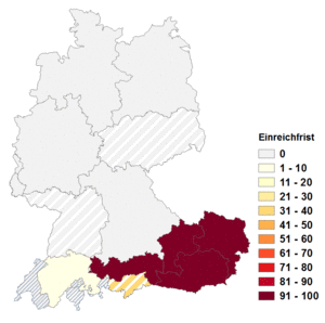 Relative Auftretenshäufigkeit von Einreichfrist innerhalb der einzelnen Areale im Verhältnis zu Einreichefrist (in %)