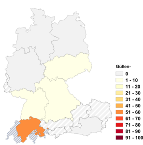 Relative Auftretenshäufigkeit von Güllen- innerhalb der einzelnen Areale im Verhältnis zu Gülle- (in %)
