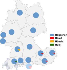 Relative Auftretenshäufigkeit von Häuschen / Häusl / Häusle und Hüsli innerhalb der einzelnen Areale